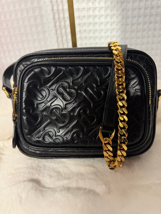 Burberry Handbags - Burberry Monogram Embossed Leather Camera Bag Black Gold Chain Crossbody